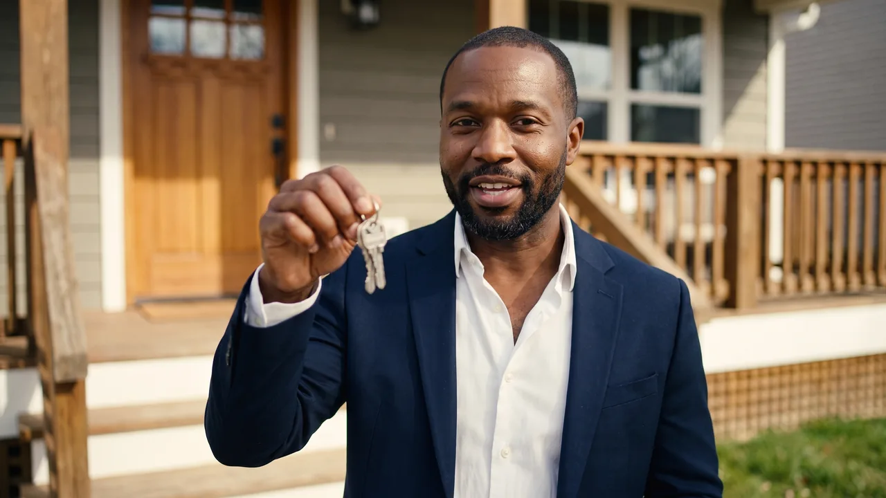 The same agent on the front steps of a house, holding up a set of keys for buyers.