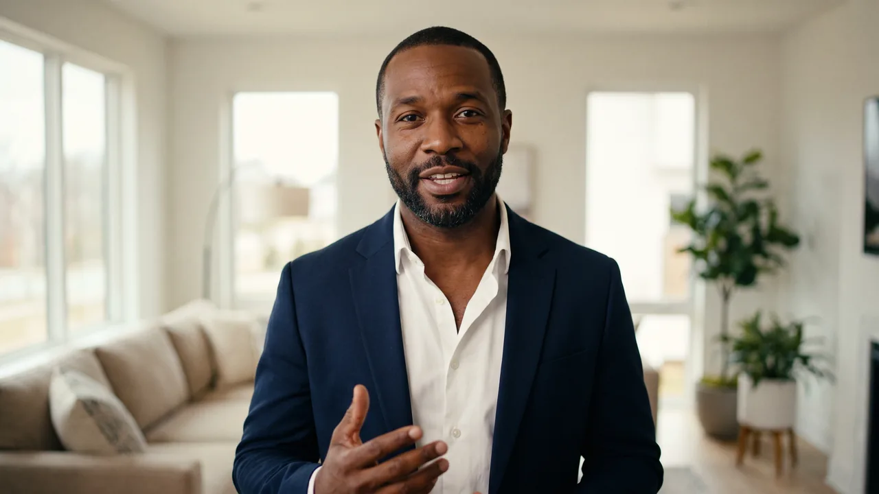 A real-estate agent talking to the camera in the living room of a staged home.