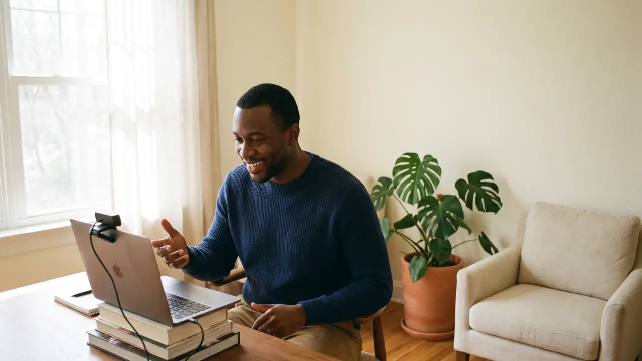 A business coach talking to a webcam in a bright office.