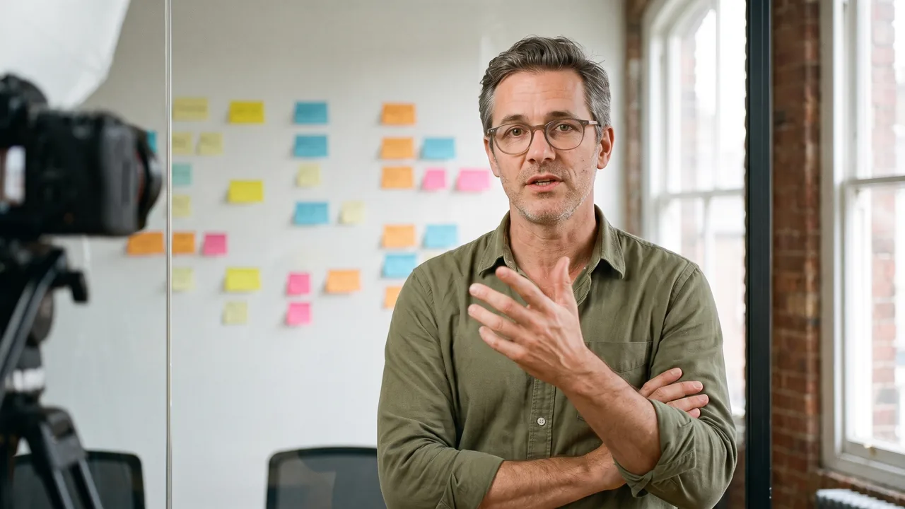 Tom, the agency owner, in a glass meeting room with a wall of sticky notes, talking to the camera.