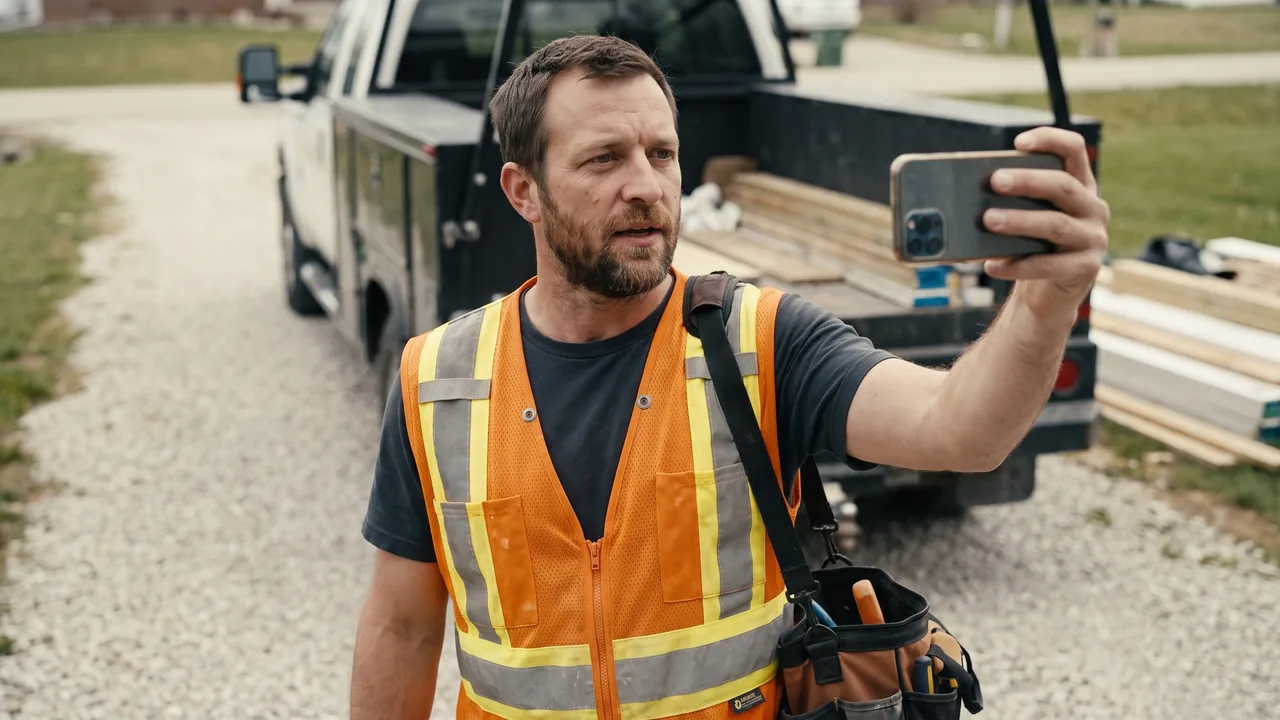 Dave, the contractor, beside his truck on a job site, filming himself on a phone.