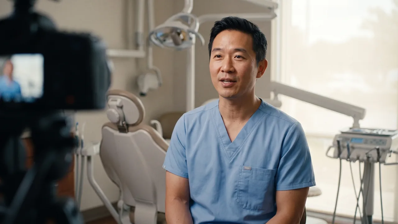 Dr. James Park seated beside the dental chair in a treatment room, talking to the camera.