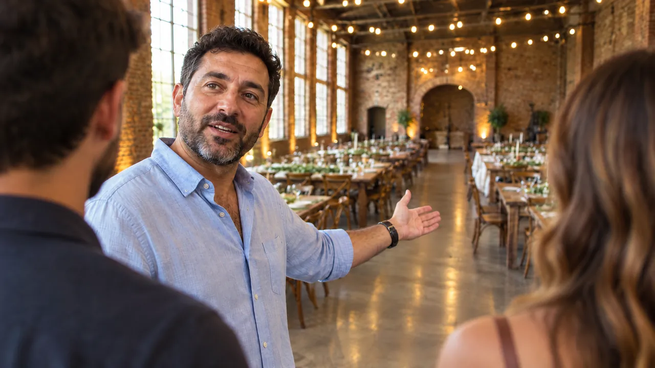 Omar, the venue owner, showing an engaged couple the long tables in his brick hall, one arm open to the room.