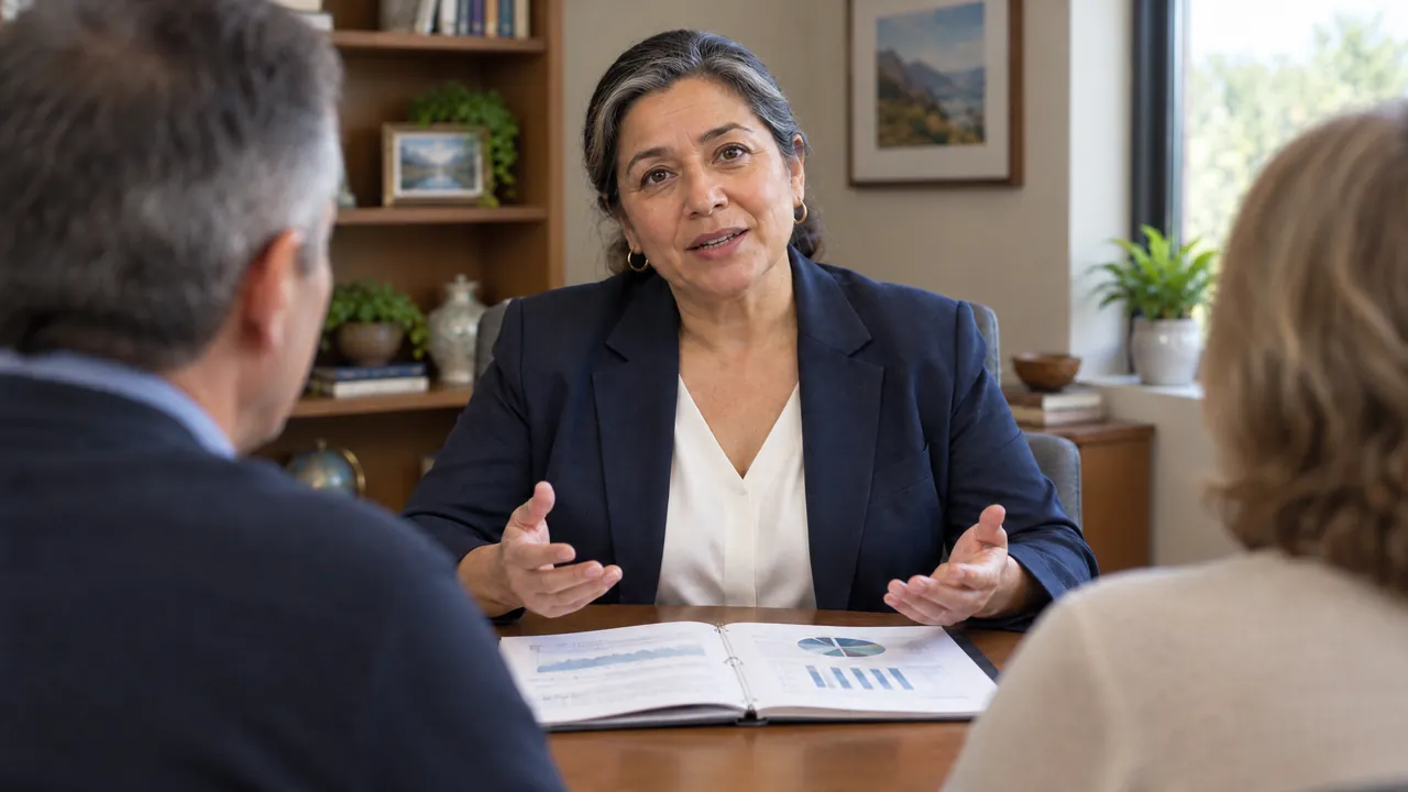 Carmen, the financial advisor, across a table from a couple in their fifties, a printed plan open between them.