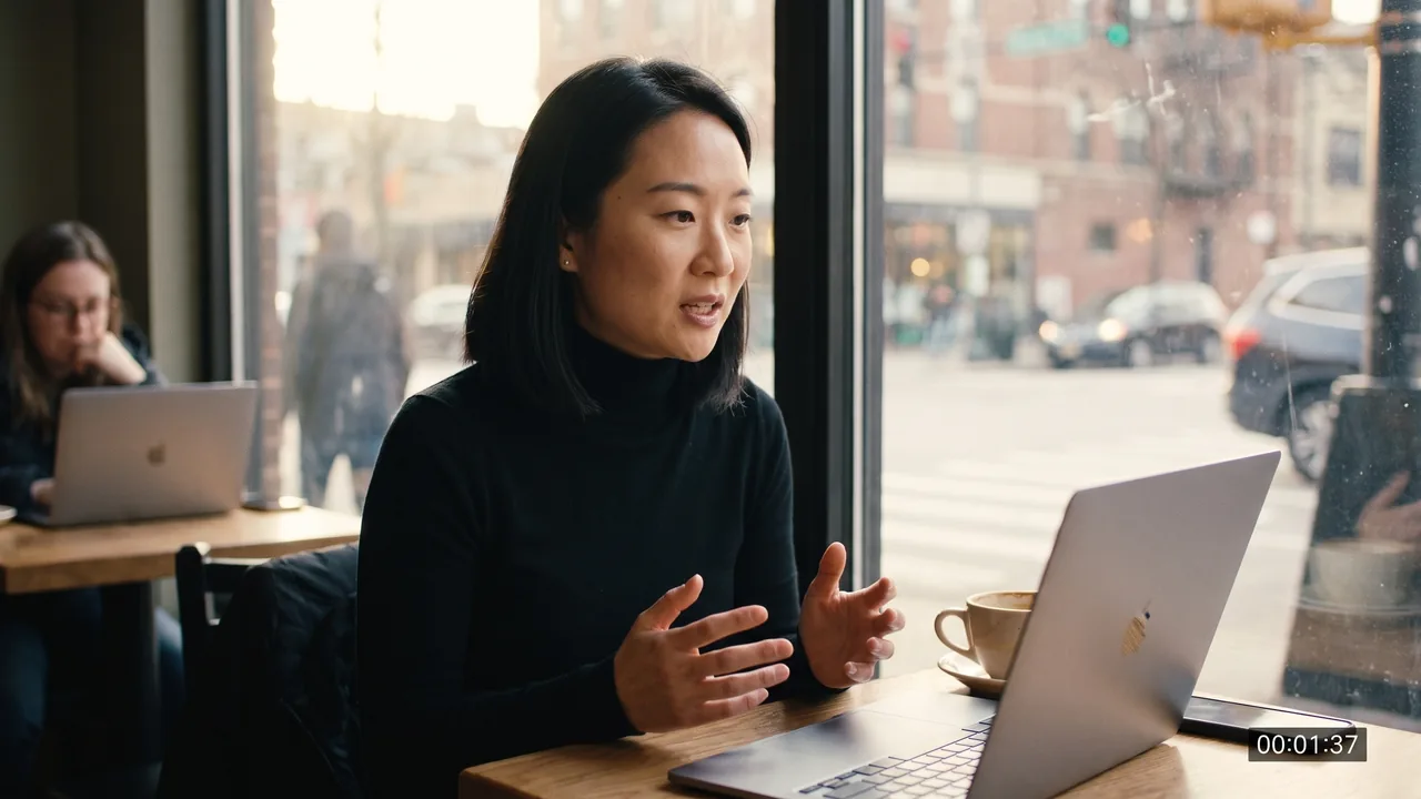Mei, the software founder, at a cafe table with a laptop, talking to a webcam.