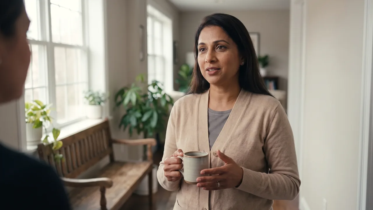 Anita, the therapist, by a window in her practice with a mug, speaking gently to the camera.
